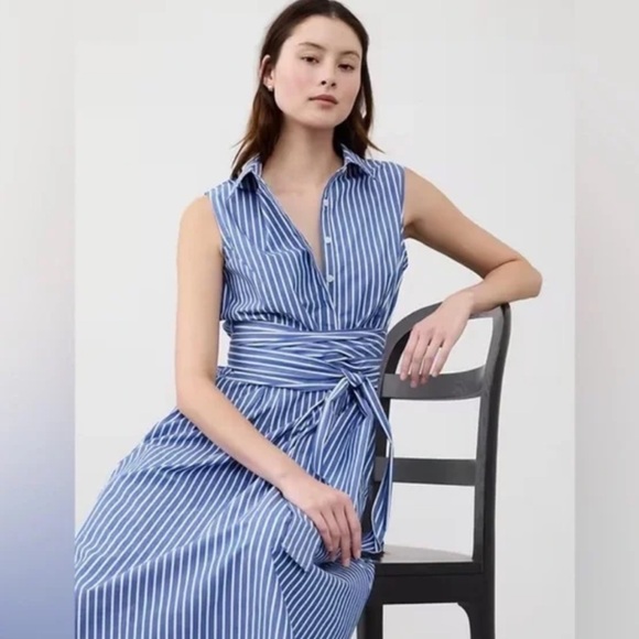 BNWT Banana Republic 100% Cotton Striped Poplin Cross Waist Midi Dress - Picture 2 of 6